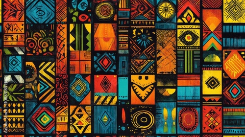 Colorful seamless pattern featuring traditional African designs with abstract graphic elements ideal for textiles or wallpaper