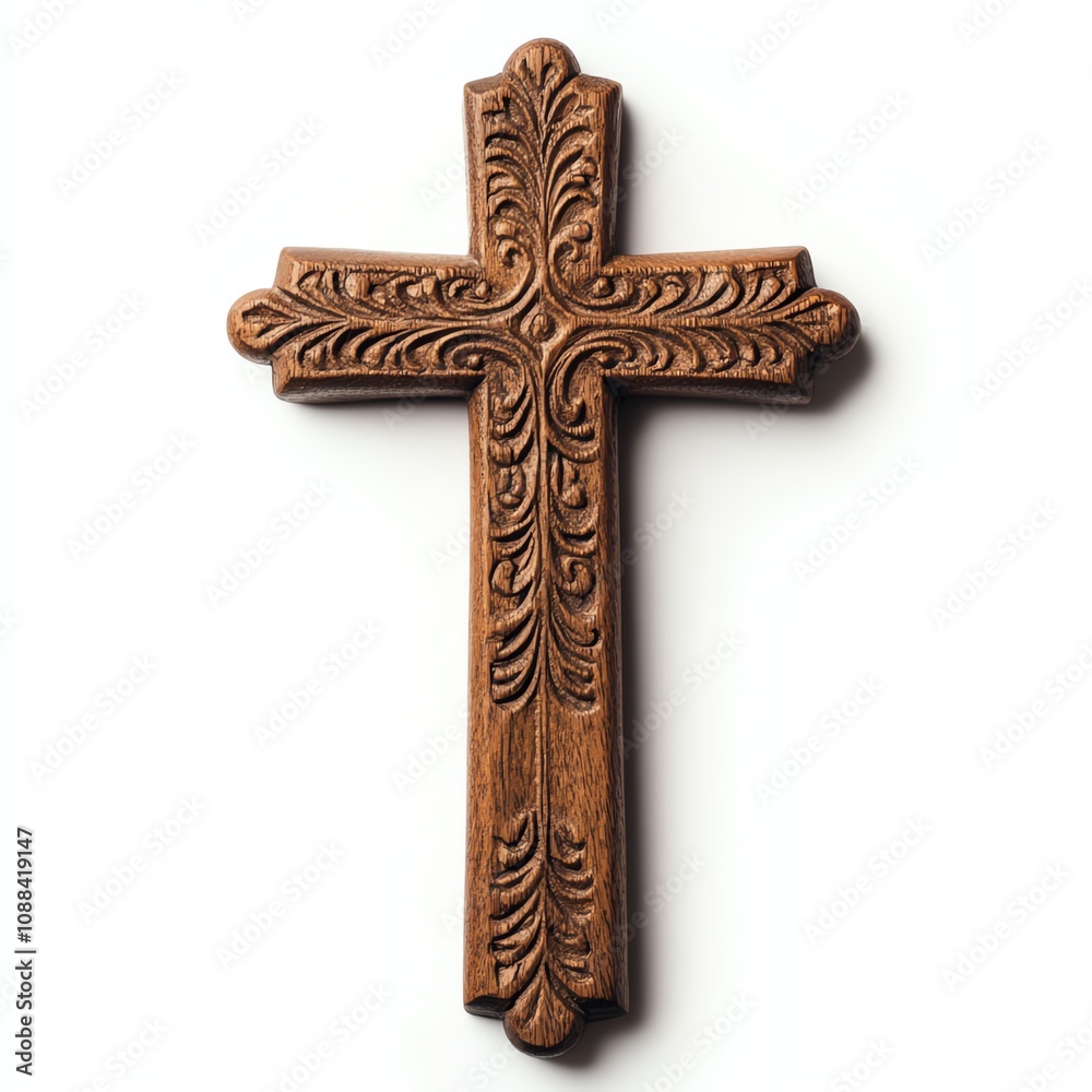 Wooden carved cross with intricate details on a white isolated background. Wooden carved cross with intricate details on a white isolated background.