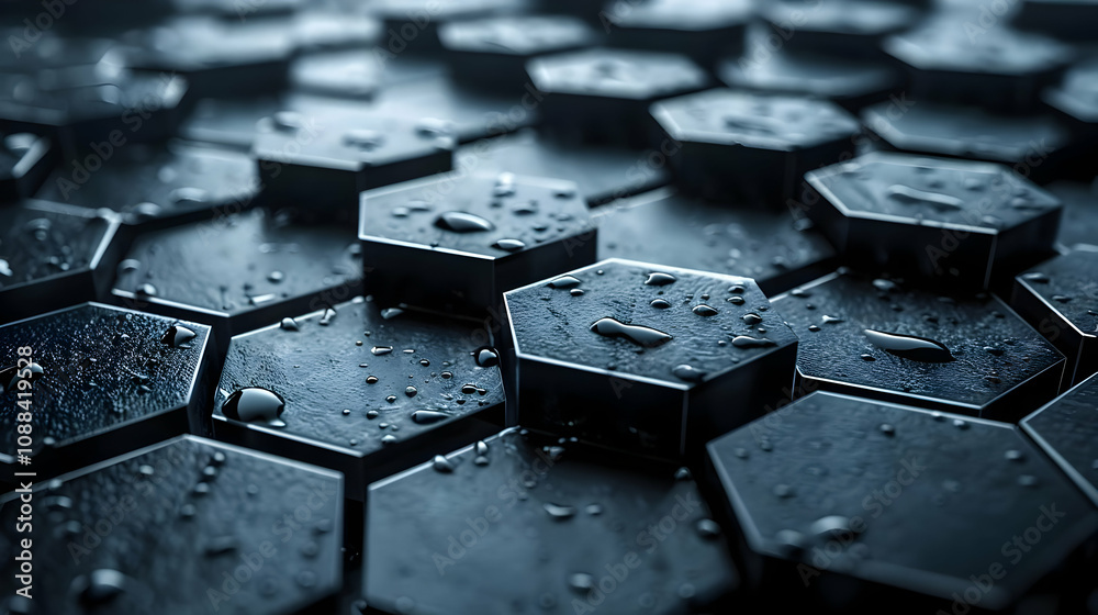 Abstract 3D Background: Hexagon Shapes with Water Droplets Abstract 3D Background: Hexagon Shapes with Water Droplets