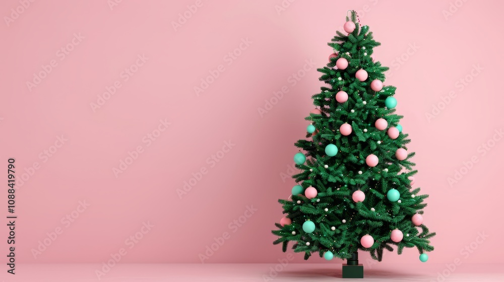 Colorful Christmas tree against a pink background. Colorful Christmas tree against a pink background.