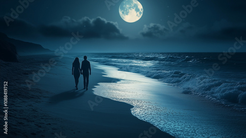 A romantic scene of a couple walking hand in hand along a moonlit beach