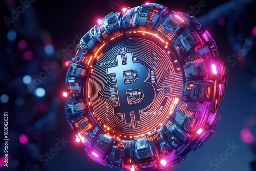 Bitcoin Festive New Year Concept. A vibrant and futuristic depiction of a Bitcoin symbol, surrounded by glowing circuits and digital enhancements, representing cryptocurrency and technology.