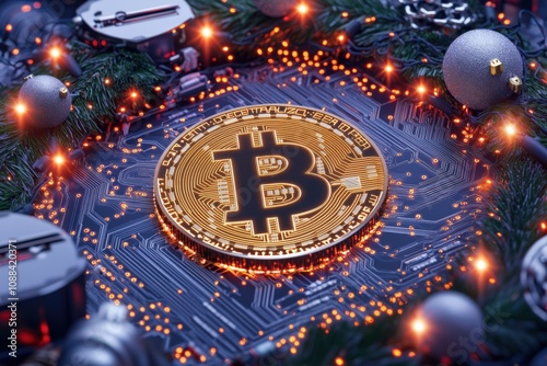 Bitcoin Festive New Year Concept. A glowing circuit-board wreath with a central Bitcoin emblem, blending holiday spirit with modern tech design.