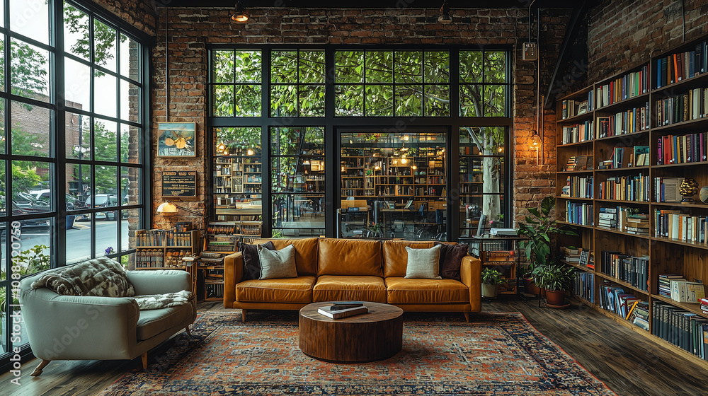 A living room with vibrant orange sofas and a brick wall, blending modern and rustic elements for a bold, cozy, and stylish space A living room with vibrant orange sofas and a brick wall, blending modern and rustic elements for a bold, cozy, and stylish space
