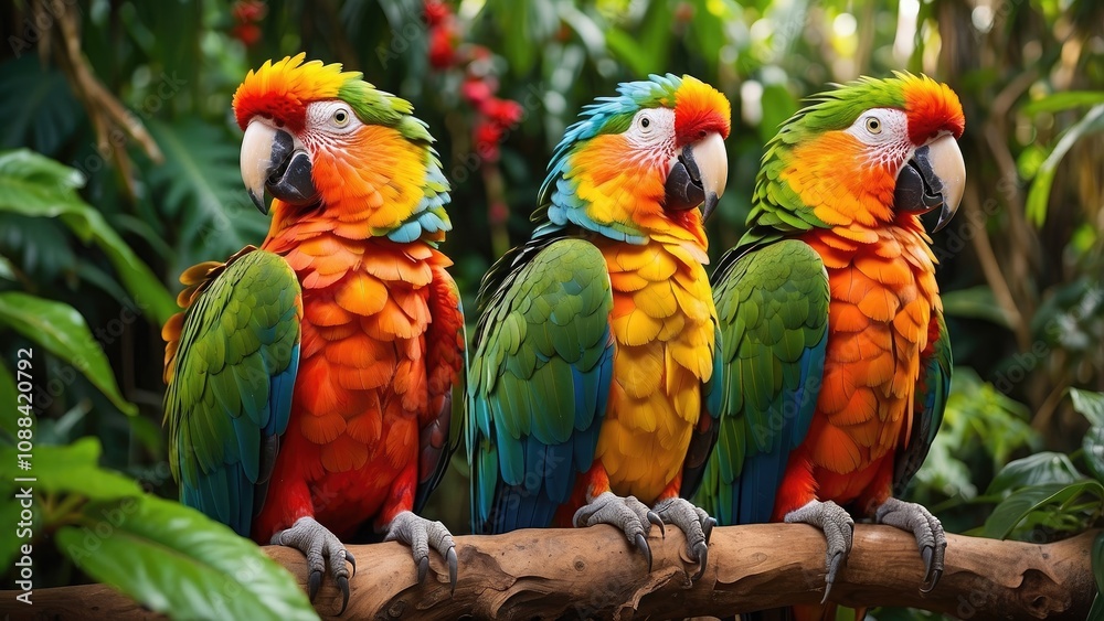 Two colorful parrots in a thick tropical jungle- Two colorful parrots in a thick tropical jungle-