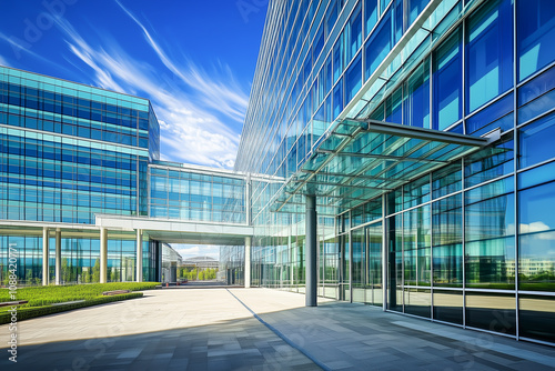 Modern office building with reflective glass facade, blue sky, and open space architecture