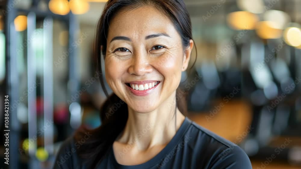 Confident woman smiling at gym with fitness equipment in background Confident woman smiling at gym with fitness equipment in background