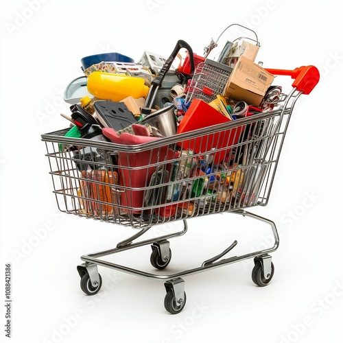 Overfilled shopping cart with various items.