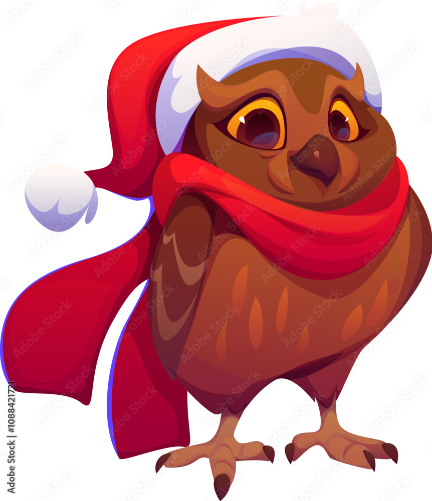 Fototapeta premium Cartoon owl Christmas character wearing red Santa hat and scarf, adding a touch of winter warmth and holiday spirit. Isolated vector festive brown cheerful owl bird ready for seasonal Xmas celebration