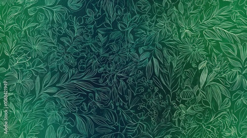 Elegant green doodle watercolor pattern with a gradient design featuring jungle inspired motifs ideal for textile and wallpaper applications photo