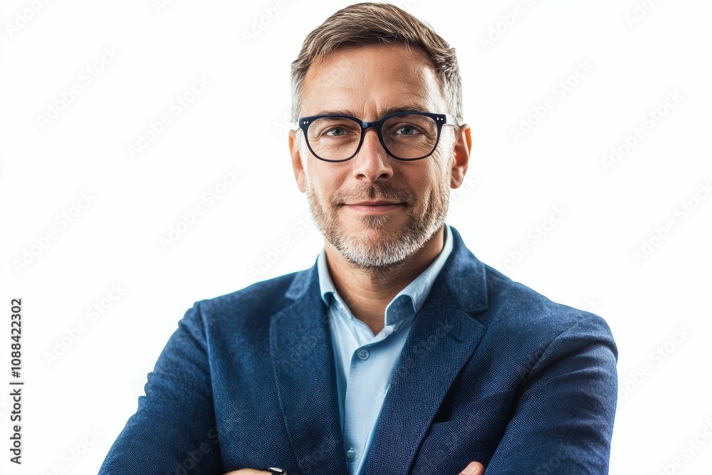 Man in blue suit and glasses looks at camera. Man in blue suit and glasses looks at camera.