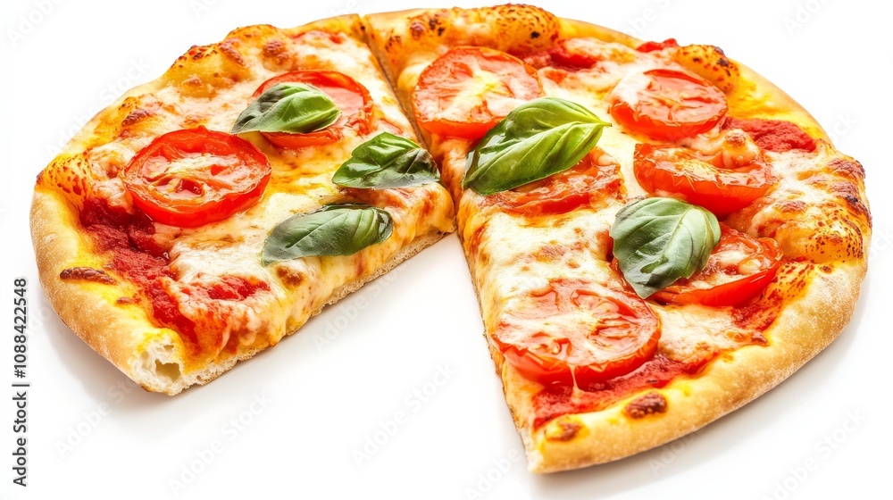 A mouthwatering pizza topped with gooey cheese, fresh tomatoes, and aromatic basil leaves A mouthwatering pizza topped with gooey cheese, fresh tomatoes, and aromatic basil leaves