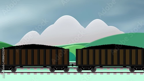 Cars with coal move along railroad tracks against the backdrop of mountains. Energy industry. Animated video.