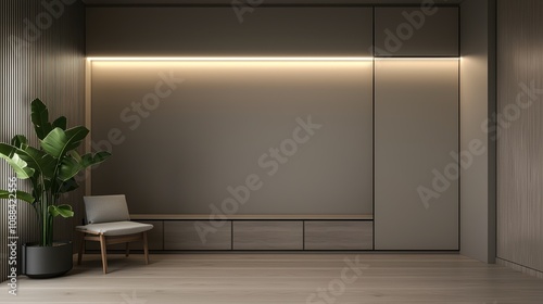 Minimalistic closet with ambient LED strip lighting neutral beige tones and sleek wooden accents modern and elegant dressing room concept photo