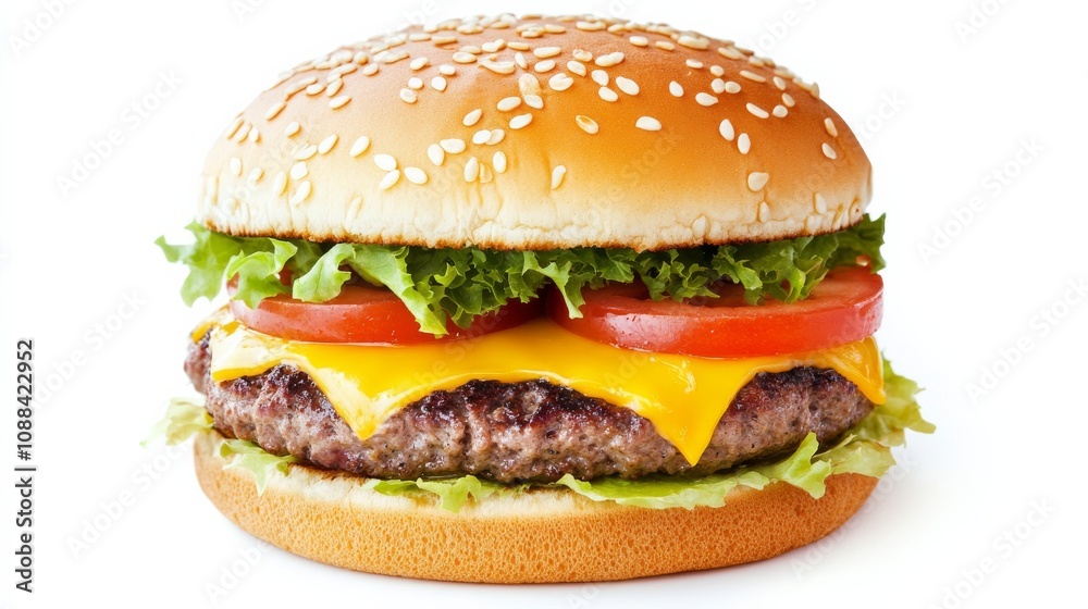 A perfectly cooked cheeseburger with a sesame seed bun, melted cheese, and fresh toppings A perfectly cooked cheeseburger with a sesame seed bun, melted cheese, and fresh toppings