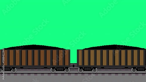 Cars with coal move along railway rails on a green background. Energy industry. Animated video.