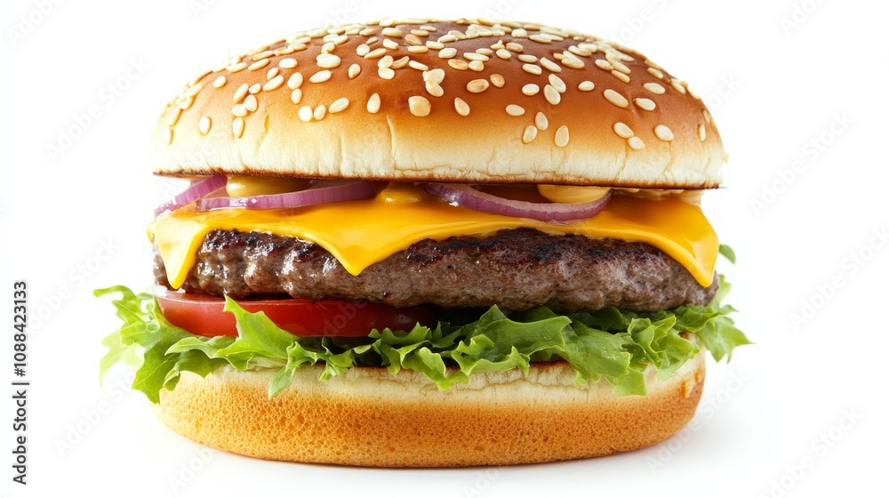 A perfectly cooked cheeseburger with a sesame seed bun, melted cheese, and fresh toppings A perfectly cooked cheeseburger with a sesame seed bun, melted cheese, and fresh toppings