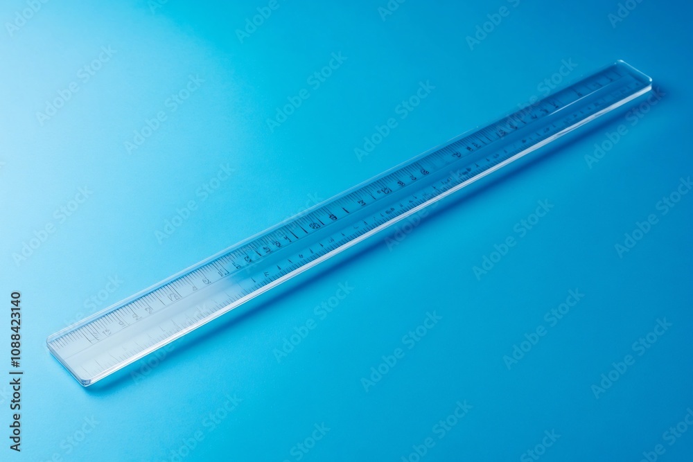 Transparent Plastic Ruler on Solid Blue Background with Precise Measurement Markings Transparent Plastic Ruler on Solid Blue Background with Precise Measurement Markings
