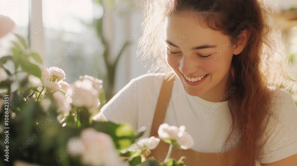 Fototapeta premium Smiling young woman enjoys gardening while tending to pink flowers in a bright, sunny environment.