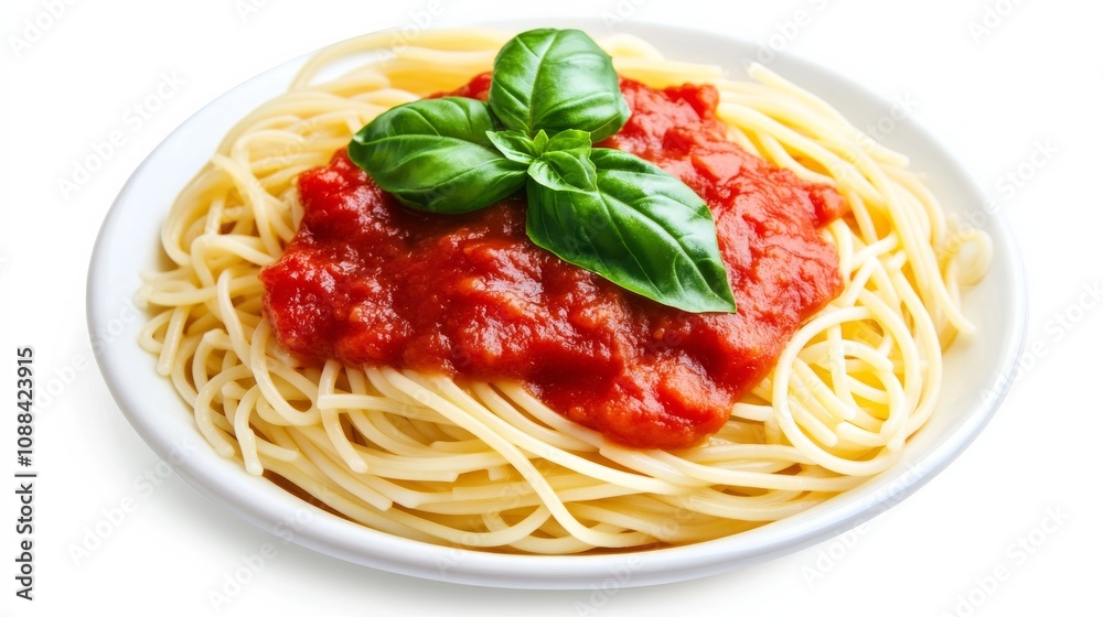 A perfectly cooked spaghetti dish with marinara sauce and fresh basil garnish, Each ingredient’s vibrant color and subtle imperfections captured with precision A perfectly cooked spaghetti dish with marinara sauce and fresh basil garnish, Each ingredient’s vibrant color and subtle imperfections captured with precision