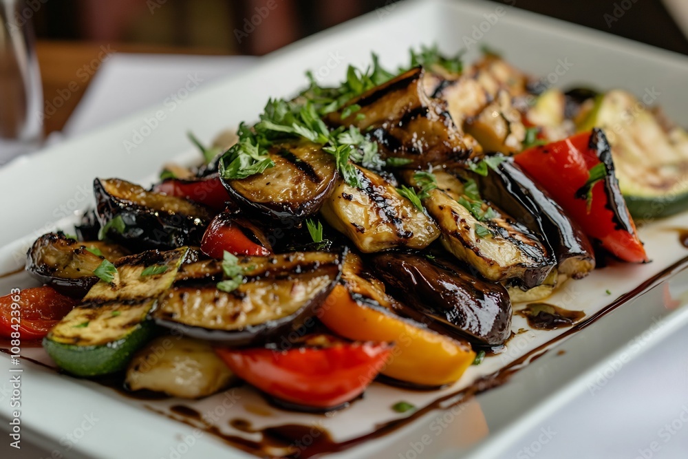 Plate of Grilled Vegetables with Balsamic Glaze in Studio Lighting Plate of Grilled Vegetables with Balsamic Glaze in Studio Lighting