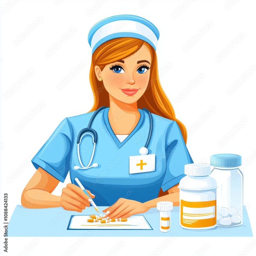 Visualize a nurse marking the correct dosage on a prescription bottle during patient discharge instructions Visualize a nurse marking the correct dosage on a prescription bottle during patient discharge instructions