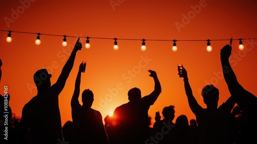 Visualize a rooftop party where friends celebrate under string lights, sharing drinks, and dancing to upbeat music