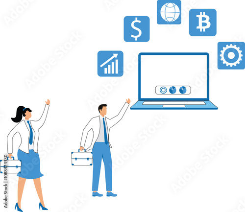 Using Laptop Searching, Organization, File management or documents archive, computer data backup or virus scan, online cloud storage or search for files concept, businessman with magnifying glass sear