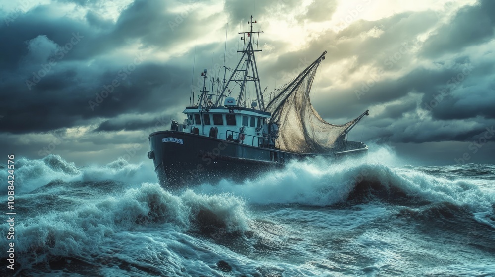 Obraz premium Stormy seas challenge a fishing boat ocean waves nature photography dramatic weather seascape resilience and adventure