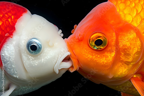 Two Koi fish, one red and one white, appear to be kissing.  Close-up shot showcasing vibrant colors and intricate details. photo