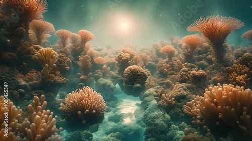 Wallpaper Mural A diver swimming through vibrant coral reefs teeming with colorful fish, sea turtles, and glowing jellyfish, with sunlight streaming through the crystal-clear water Torontodigital.ca