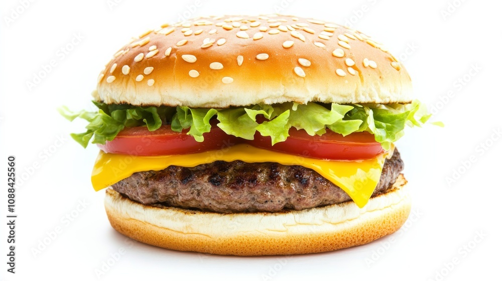 A perfectly grilled hamburger with a sesame seed bun, juicy beef patty, melted cheese A perfectly grilled hamburger with a sesame seed bun, juicy beef patty, melted cheese
