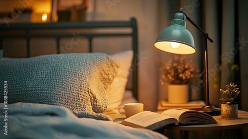 Cozy Bedroom Nightstand Scene With Book And Lamp photo