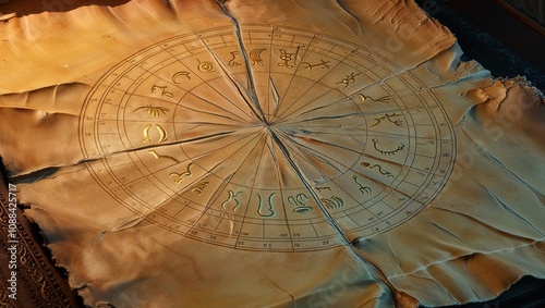 Astrological zodiac chart on aged parchment with mystical symbols and soft lighting