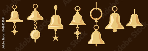 Vector set of golden Christmas bells on dark background in flat style. Geometric festive bells clip arts. Holiday collection of xmas decorations