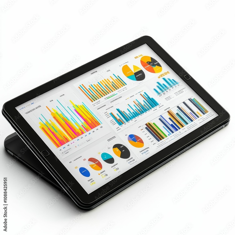 Tablet displaying colourful charts and graphs. Tablet displaying colourful charts and graphs.