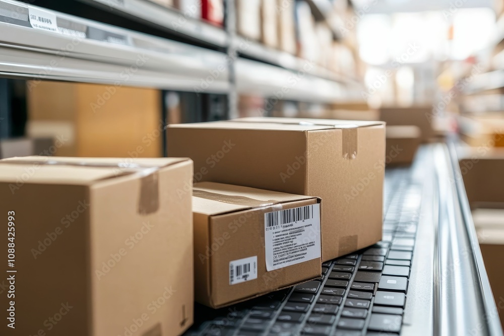 Boxes on conveyor belt with keyboard. Boxes on conveyor belt with keyboard.