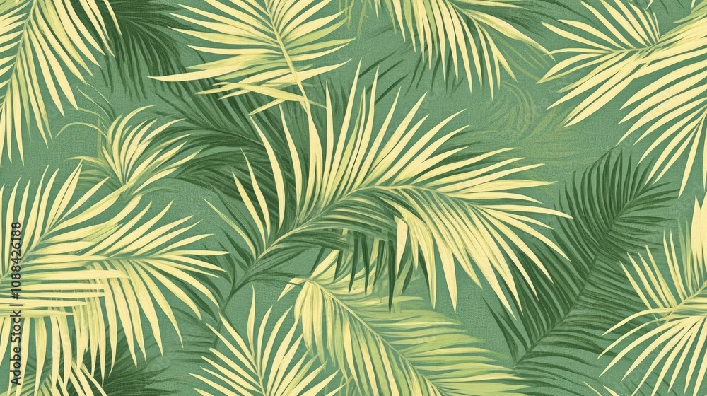 Seamless botanical pattern featuring mint and olive palm leaves with a retro Hawaiian flair perfect for fashion and home decor designs Seamless botanical pattern featuring mint and olive palm leaves with a retro Hawaiian flair perfect for fashion and home decor designs