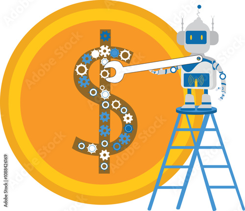 Money At Work with Robot , Cryptocurrency Trading Bot flat illustration concept