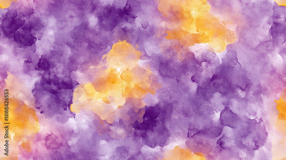 Fototapeta premium Seamless watercolor pattern featuring lilac and yellow textures ideal for fabric design and artistic backgrounds