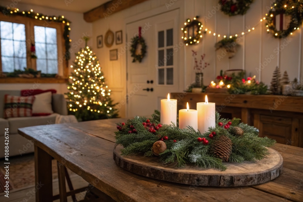 christmas centerpiece is burning on a rustic table christmas centerpiece is burning on a rustic table