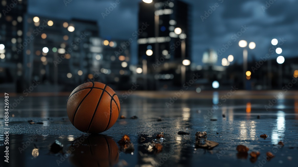 A lone basketball sits on a glossy wet court illuminated by city lights, capturing a serene yet dynamic urban nightscape. A lone basketball sits on a glossy wet court illuminated by city lights, capturing a serene yet dynamic urban nightscape.