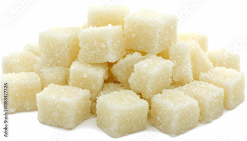 A close-up shot of a pile of glistening, white sugar cubes, perfectly formed and textured, isolated on a bright white background. Perfect for culinary, food, or sweetness-related projects.