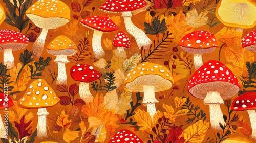 Seamless autumn themed pattern featuring vibrant fly agaric mushrooms perfect for wrapping paper fabric designs kids clothing and festive kitchen textiles photo