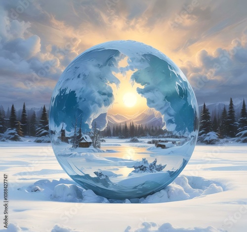 Illustration of winter landscape in frozen earth globe.