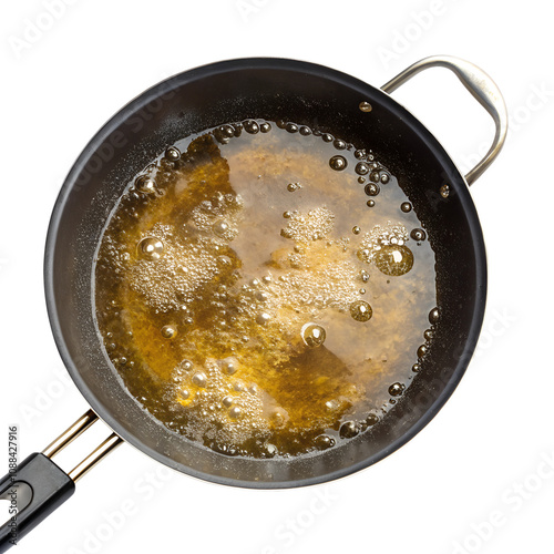 Top view of a pan with boiling oil inside, isolated on a transparent background