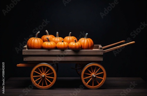 Wooden cart full of fresh orange pumpkins on dark background.