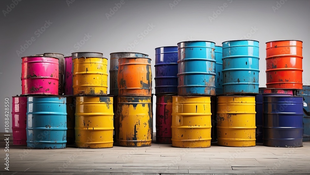 Oil barrels made of colorful metal, cutout Oil barrels made of colorful metal, cutout
