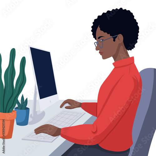 Vector clip art illustration Black woman studying at computer in modern flat style. African american woman programmer.