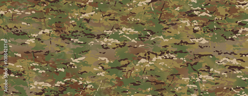 A seamless Multicam camouflage pattern featuring earthy tones of green, brown, and beige, perfect for a variety of uses such as military-themed designs, outdoor and survival gear, hunting aesthetics,  photo